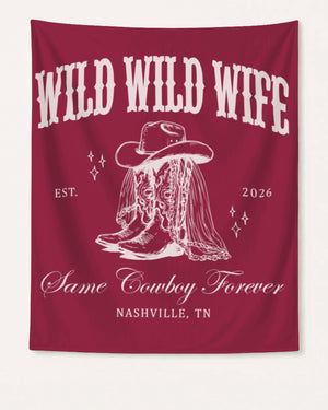 Matching bachelorette banners for the Wild Wild Wife cowgirl crew, vintage western style with script lettering. Personalized with bride name, year, and destination city for Nashville or any bachelorette weekend.
