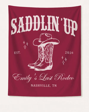 Vertical party banner for a bachelorette rodeo theme, Last Rodeo design with vintage western illustration and script accents. Personalized with bride name, year, and city for the full Nashville-style celebration.