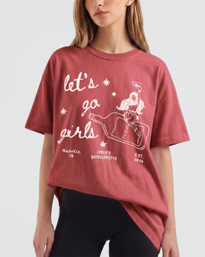 Personalized lets go girls cowgirl tee with vintage line-art bottle graphic for girls night out. Custom name or text option makes it a ready-to-wear gift for the whole crew.