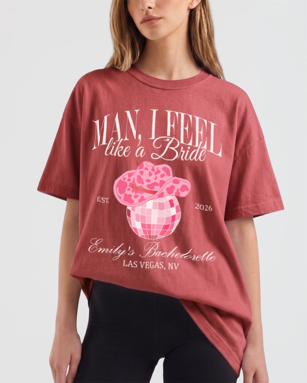 Man, I Feel Like A Bride & Let's Go Girls Disco T-Shirt Crimson