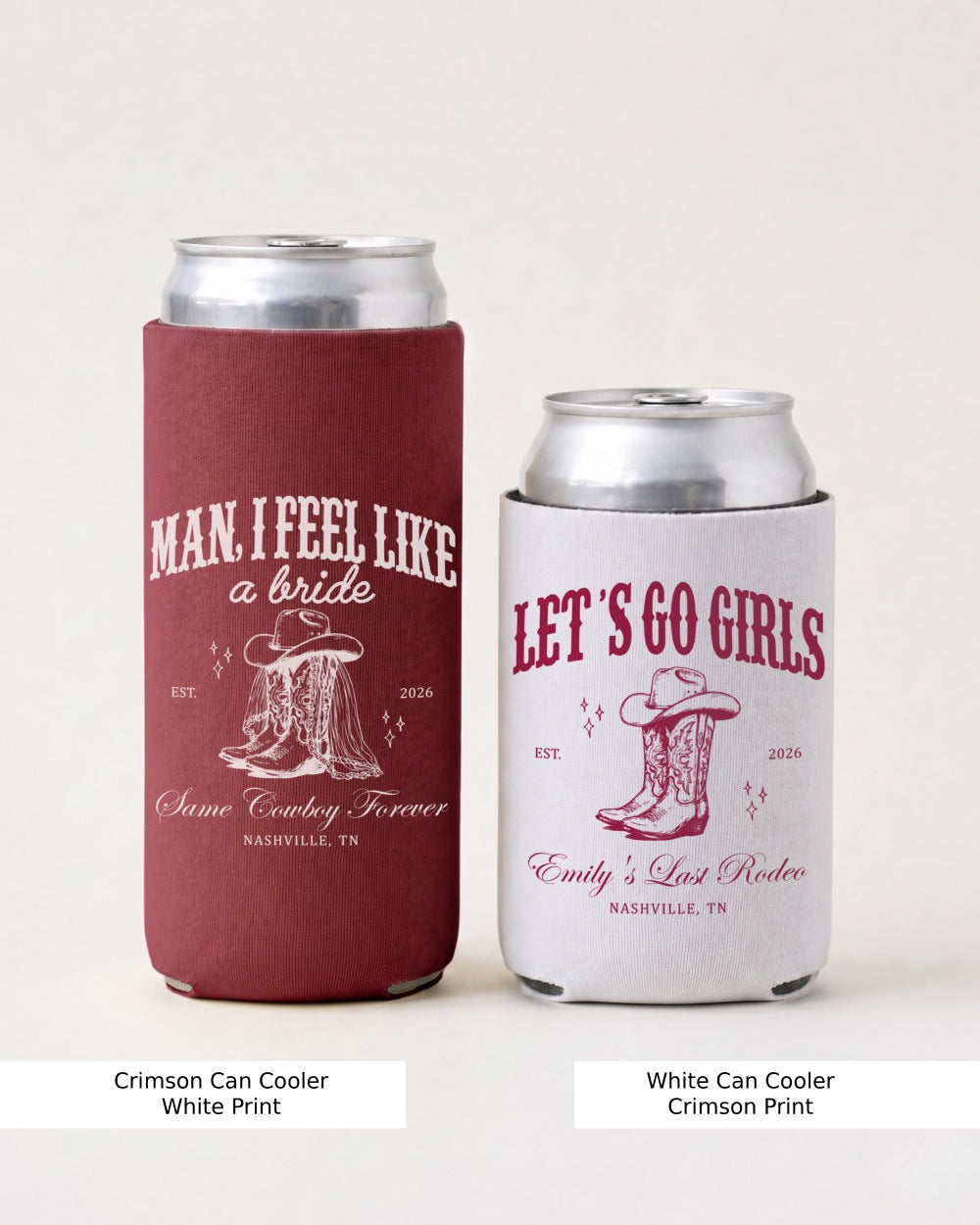 Slim can cooler for bachelorette rodeo weekends, western theme with vintage script and illustrations. Perfect for the bride tribe at a country music festival or outdoor honky-tonk bash.