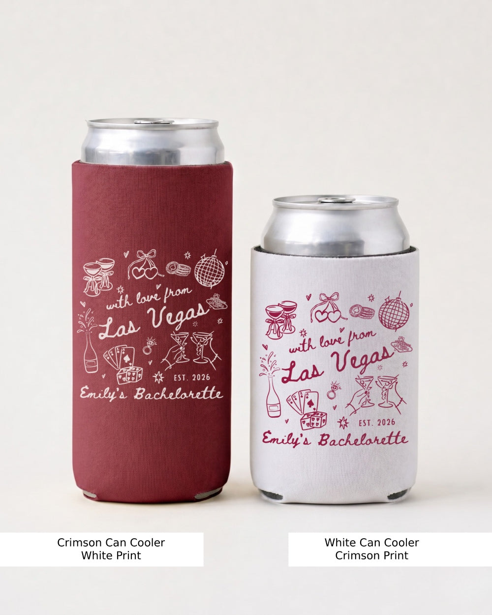 Matching can coolers for the bachelorette crew with Las Vegas script and minimalist line-art design. Personalized with bride name and destination for the whole party.