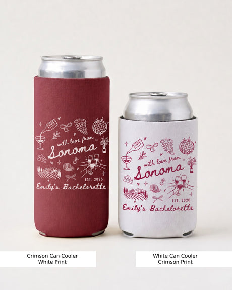 Personalized winery bachelorette drink holder with Sonoma design for bride party favors