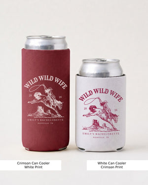 Matching can coolers for the Wild Wild Wife bachelorette crew, vintage western rodeo design. Perfect bar cart, campfire, or tailgate accessory for the bride and her girls.
