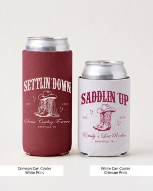 Wedding can coolers with vintage western theme for bride and groom celebrations. Settlin' Down Saddlin' Up design, perfect for country wedding showers, receptions, and bachelorette parties.