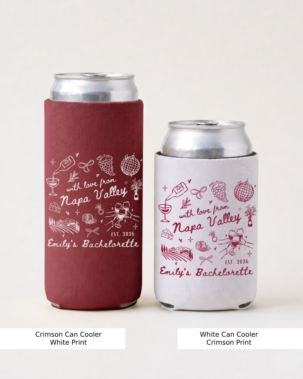 Matching bachelorette can cooler with custom Napa Valley design for bride and bridal crew