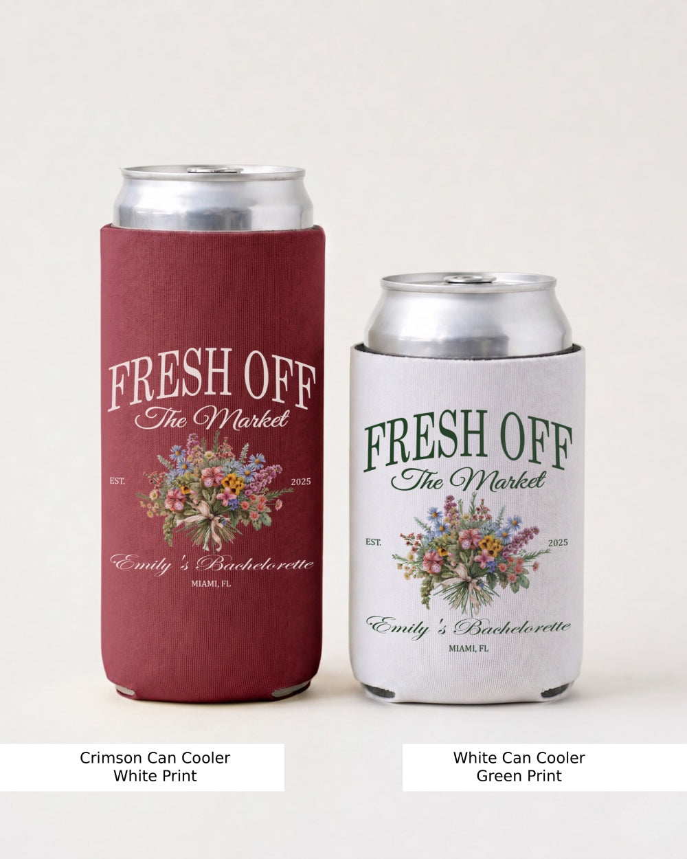 Matching can coolers for the newly engaged bride at her bachelorette party or bridal shower. Fresh Off the Market vintage botanical design keeps drinks cold for the whole wedding celebration crew.