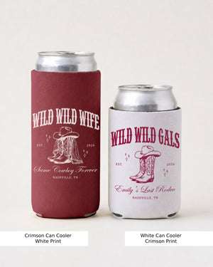 Matching can coolers for the bachelorette crew with a vintage western cowgirl theme. Personalized with bride and squad names, location, and year for the Wild Wild Wife party.