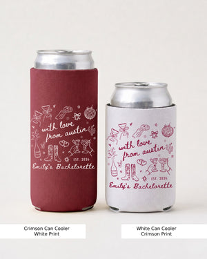 Matching can coolers for the bachelorette crew with a city-to-city script design. Personalized with destination city and bride name for early bachelorette celebrations and travel-themed bach weekends.