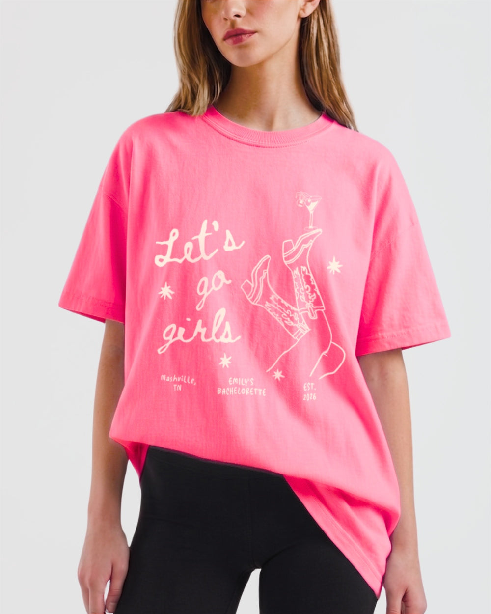 Gift idea for the girls night out crew: Let's Go Girls vintage line-art tee with cowboy boots and martini graphics. Perfect bachelorette or birthday present for the friend who leads every adventure.