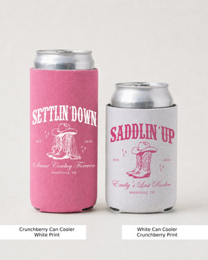 Western wedding reception can cooler with vintage serif design for bride and groom celebration. Settlin' Down Saddlin' Up theme, perfect for rustic barn wedding drink holders or cowboy bridal party favors.