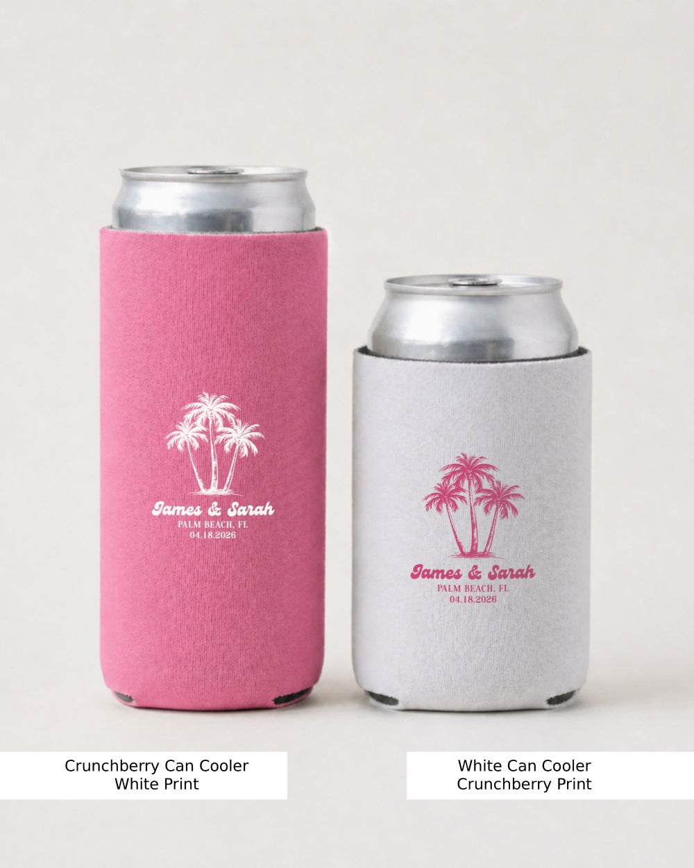 Beach wedding reception can cooler with palm tree line art and personalized names, initials, and date. Perfect for tropical destination weddings, bachelorette parties, and outdoor coastal ceremonies.