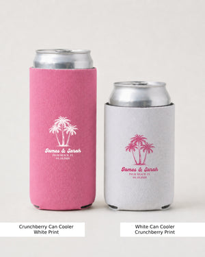 Beach wedding reception can cooler with palm tree line art and personalized names, initials, and date. Perfect for tropical destination weddings, bachelorette parties, and outdoor coastal ceremonies.