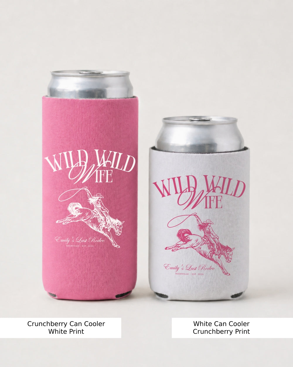 Bachelorette party can cooler with Wild Wild Wife cowgirl theme, vintage script and western illustration. Keep drinks cold at the barn bash, rodeo night, or country bachelorette weekend.