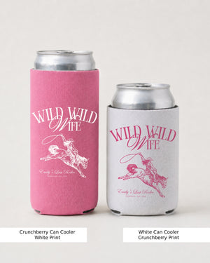 Bachelorette party can cooler with Wild Wild Wife cowgirl theme, vintage script and western illustration. Keep drinks cold at the barn bash, rodeo night, or country bachelorette weekend.