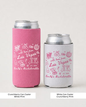 Bachelorette weekend in Las Vegas can cooler with minimalist script and line-art design. Personalized with bride name and destination for the whole crew. Perfect for pool parties and casino nights.