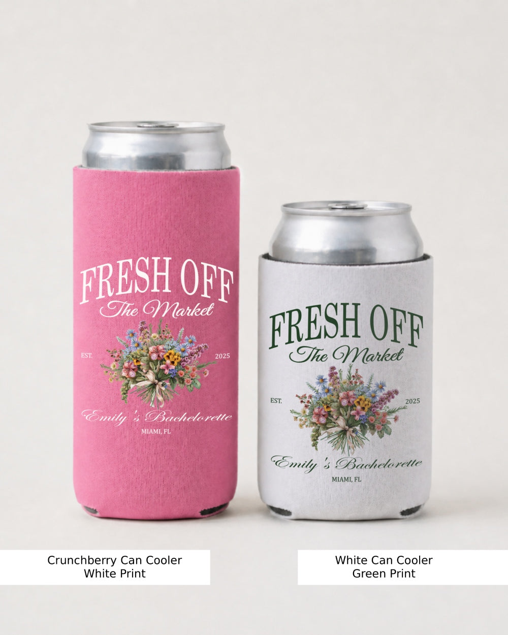 Bachelorette party can cooler with vintage botanical illustration and Fresh Off the Market script, perfect for bridal shower sipping, engagement toasts, or a girls weekend celebration.