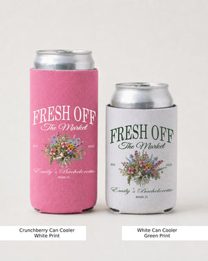 Bachelorette party can cooler with vintage botanical illustration and Fresh Off the Market script, perfect for bridal shower sipping, engagement toasts, or a girls weekend celebration.