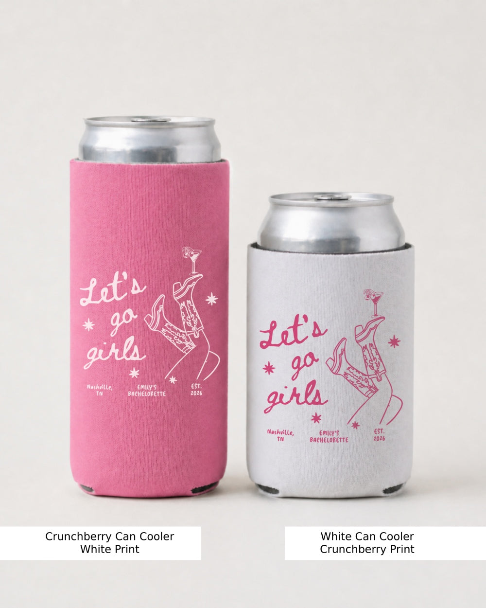 Bachelorette party can cooler with Let's Go Girls script and minimalist boots and martini line art, perfect for girls trip drinks at the pregame, pool, or weekend bar crawl.