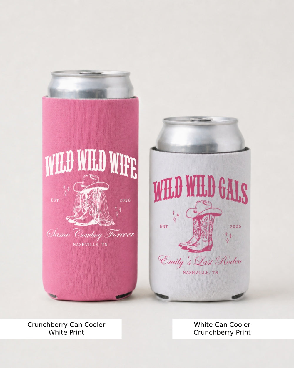 Bachelorette party can coolers with a vintage western cowgirl theme for the Wild Wild Wife crew. Personalized with bride name, location, and year for the whole bach squad.