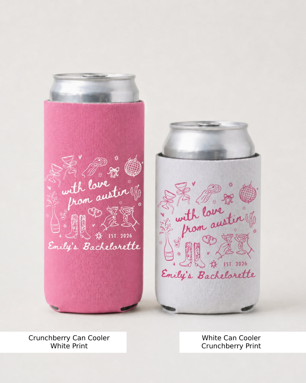 Early bachelorette party can cooler with Austin-themed script and minimalist doodle art. Customizable with destination city for the bride's crew pregame or travel weekend kickoff.