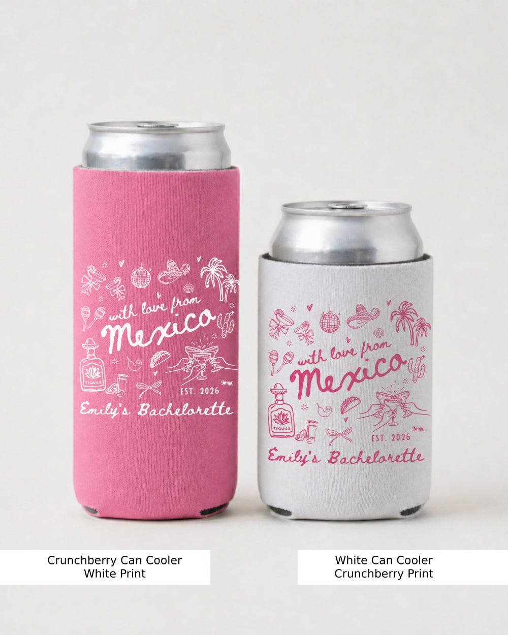 Personalized Mexico bachelorette can cooler with bride name and trip destination in vintage script. Custom can coolers for the whole bachelorette crew, perfect for beach or pool days.