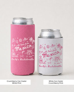 Personalized Mexico bachelorette can cooler with bride name and trip destination in vintage script. Custom can coolers for the whole bachelorette crew, perfect for beach or pool days.