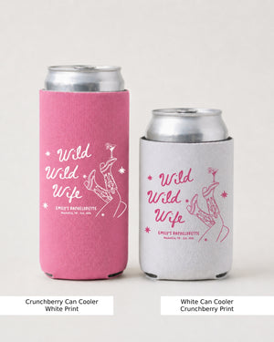 Bachelorette party can cooler with Wild Wild Wife script lettering and line-art illustration. Keep drinks cold at the bridal shower, girls trip, or outdoor bachelorette celebration.