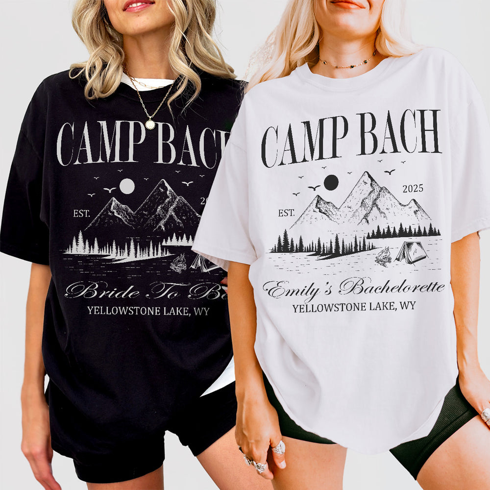 Matching cotton shirts for the bachelorette camping crew featuring a mountain lake design for the bride and bridesmaids