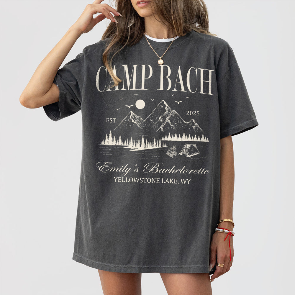 Pepper shirts with custom bachelorette party camping design for the bride's bach crew to wear on a camping trip or mountain lake bachelorette weekend