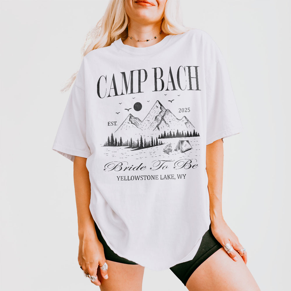 White cotton shirt for custom bachelorette party, camping or lake trips, and mountain adventures with the bride's bach crew