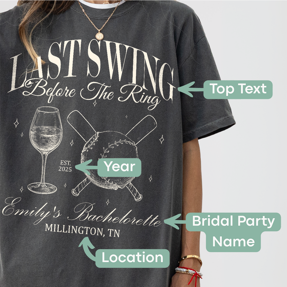 Custom baseball bachelorette shirt design tutorial showing how to personalize sports team style shirts for the last swing bride to be