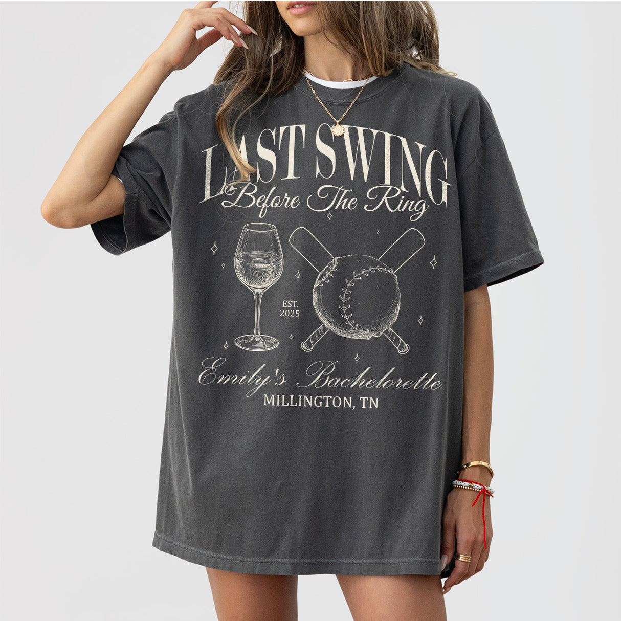 Pepper cotton bachelorette party shirt with baseball team-style print for the bride-to-be and her squad on the last fling before the ring