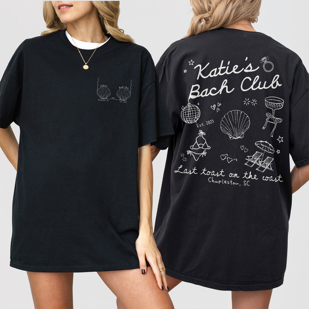 Custom Beach Bach Club Bachelorette Shirt Last Toast on The Coast Bachelorette Personalized Seashell Bachelorette Coastal Bach Party Tshirt - Black Product Image