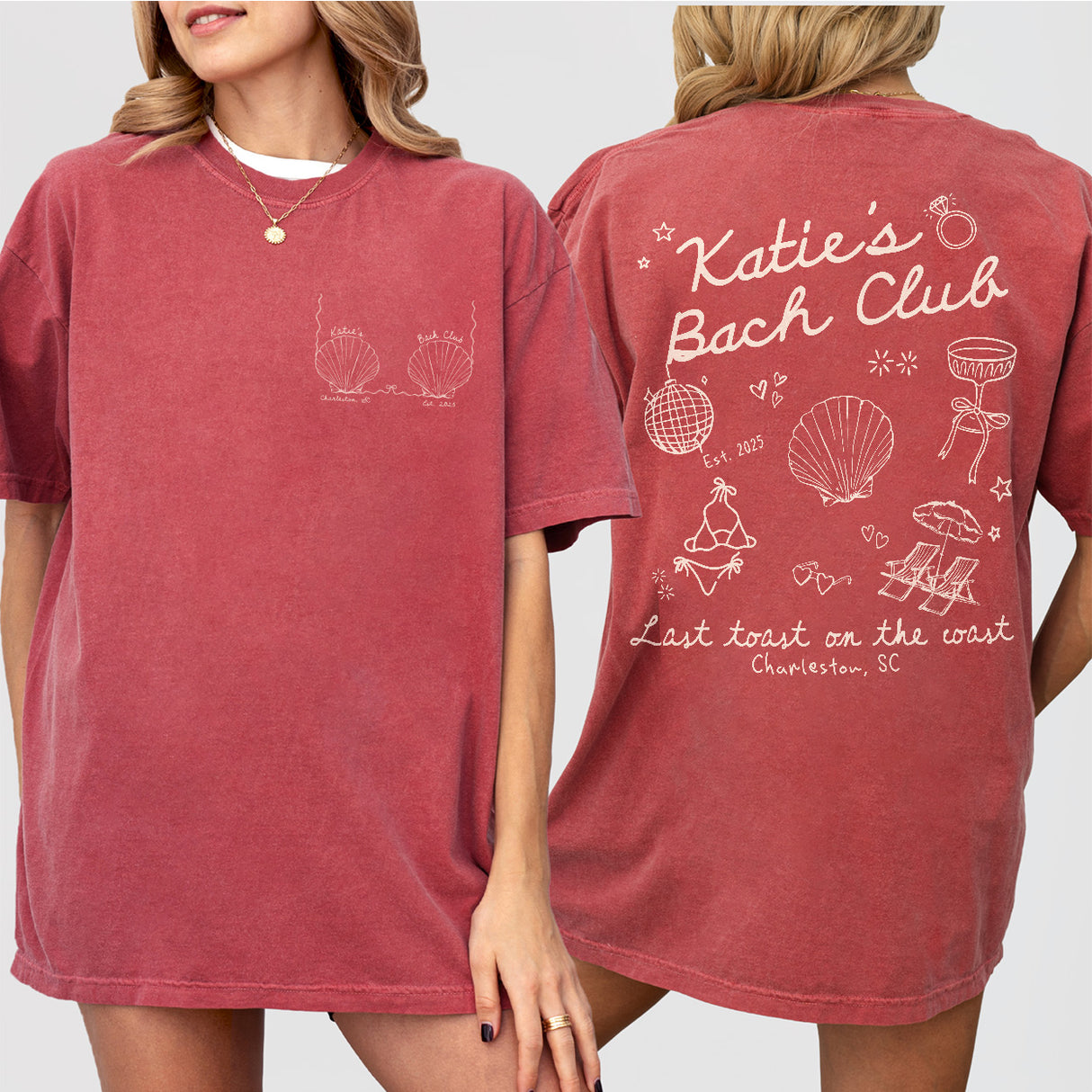 Custom Beach Bach Club Bachelorette Shirt Last Toast on The Coast Bachelorette Personalized Seashell Bachelorette Coastal Bach Party Tshirt - Crimson Product Image
