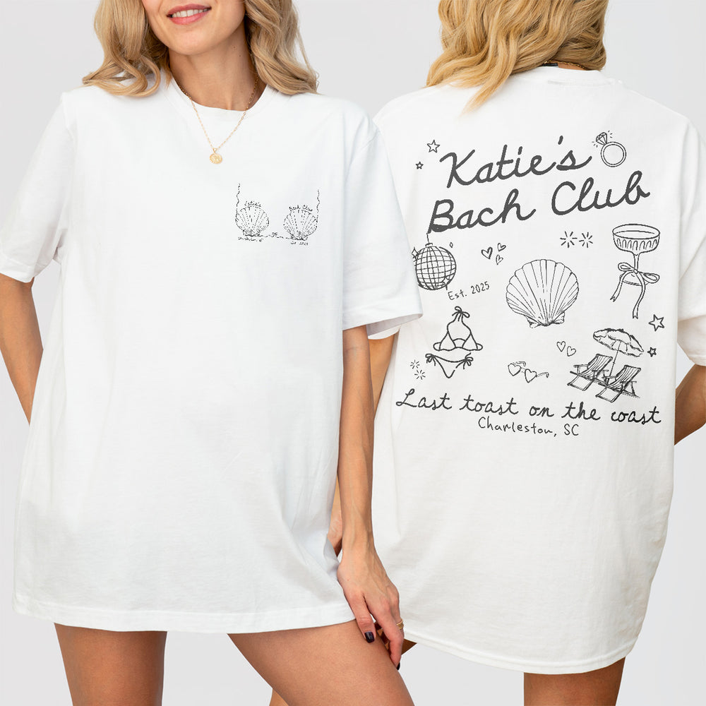 Custom Beach Bach Club Bachelorette Shirt Last Toast on The Coast Bachelorette Personalized Seashell Bachelorette Coastal Bach Party Tshirt - White Product Image
