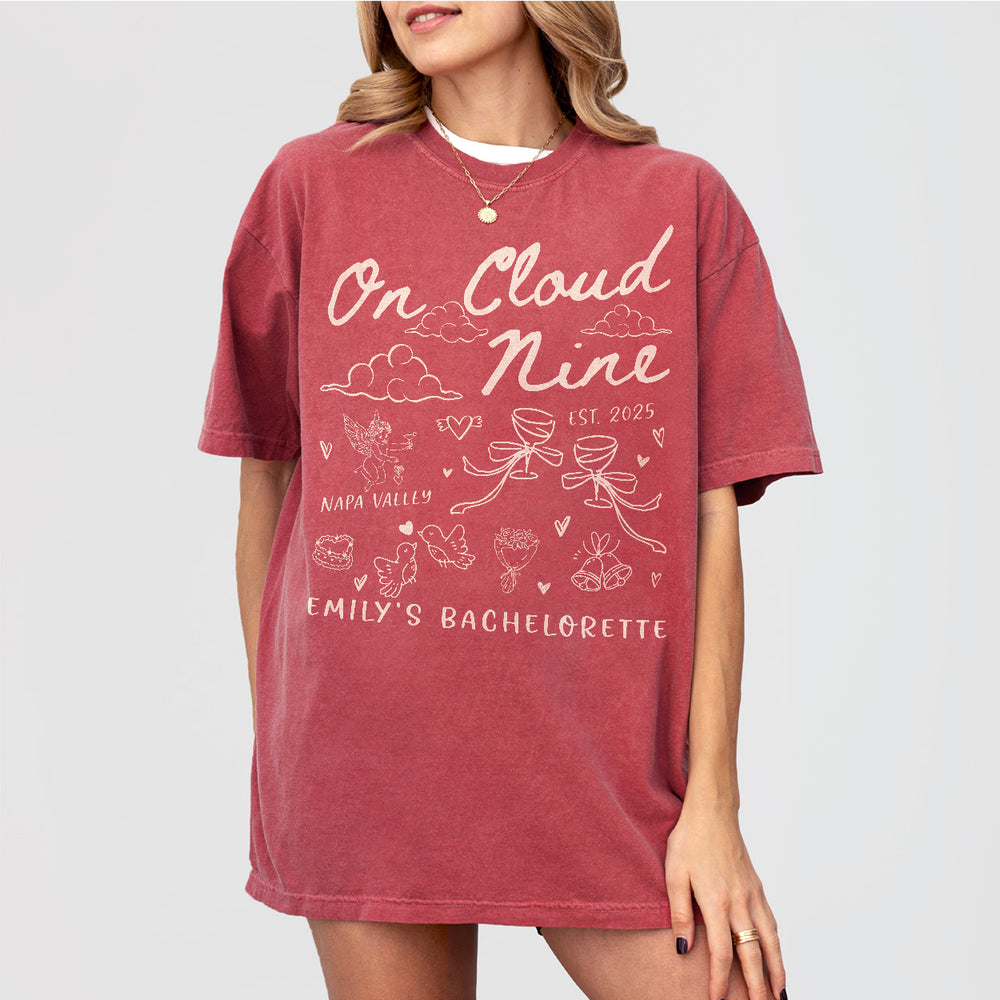 Custom Bride On Cloud Nine Bachelorette Party Shirt Comfort Colors Personalized Cloud 9 Bach Club Cocktail Wine Bridal Squad Matching Outfit - Crimson Product Image