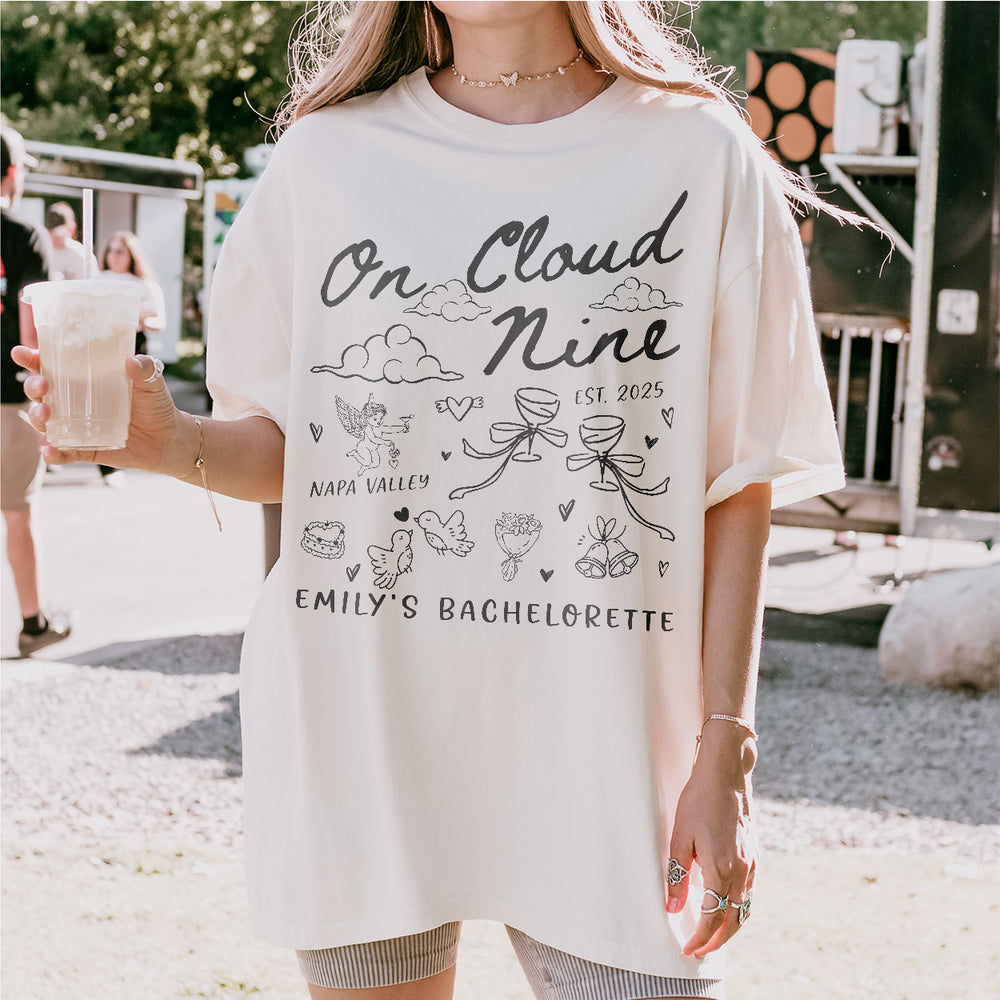 Custom Bride On Cloud Nine Bachelorette Party Shirt Comfort Colors Personalized Cloud 9 Bach Club Cocktail Wine Bridal Squad Matching Outfit - lifestyle Image