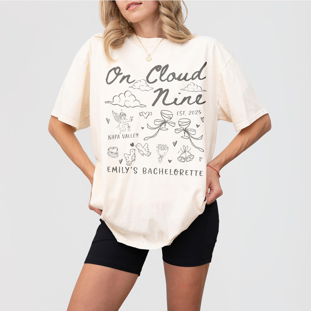 Custom Bride On Cloud Nine Bachelorette Party Shirt Comfort Colors Personalized Cloud 9 Bach Club Cocktail Wine Bridal Squad Matching Outfit - Ivory Product Image