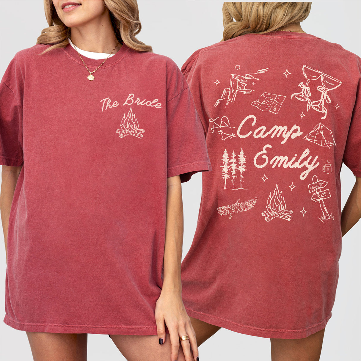 Custom Camp Bach Shirt Personalized Camping Bachelorette Party Matching Tshirt Girls Weekend Trip Hiking Lake Mountain Bride Bridesmaid Gift - Crimson Product Image