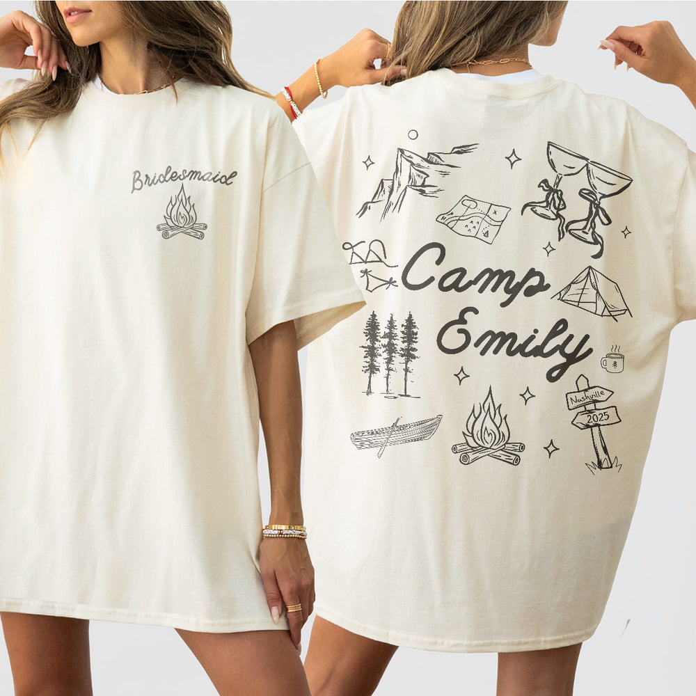 Custom Camp Bach Shirt Personalized Camping Bachelorette Party Matching Tshirt Girls Weekend Trip Hiking Lake Mountain Bride Bridesmaid Gift - Ivory Product Image
