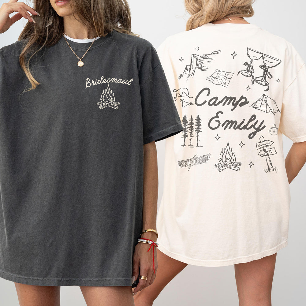 Custom Camp Bach Shirt Personalized Camping Bachelorette Party Matching Tshirt Girls Weekend Trip Hiking Lake Mountain Bride Bridesmaid Gift - matching Image