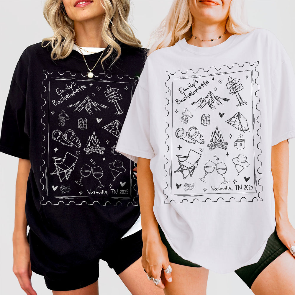 Matching comfort color camping shirts for the bride, bridesmaids, and bachelorette party weekend in the mountains or at the lake