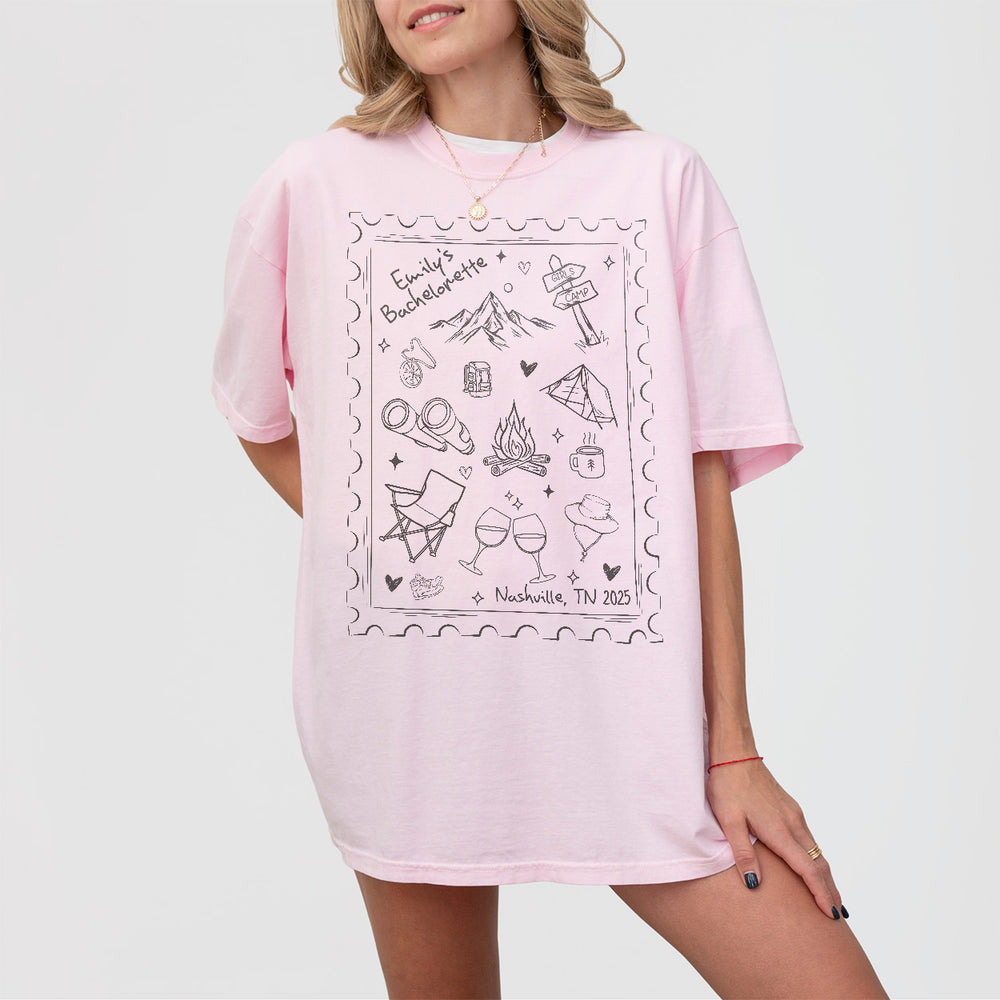 Blossom pink cotton shirt for a camping bachelorette party, lake weekend, or mountain wedding with the bride and bridesmaids