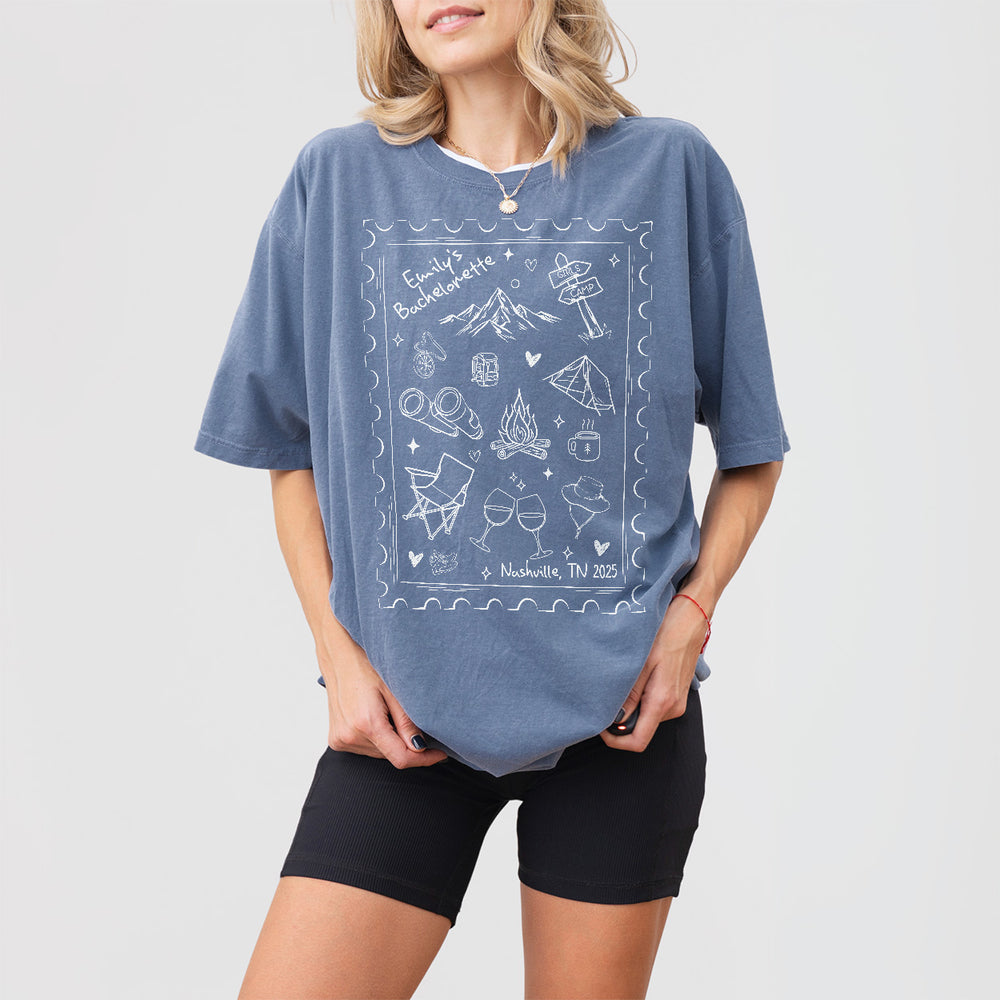 Blue cotton camping bachelorette shirt perfect for a mountain lake weekend, bachelorette party, or casual wedding with the bride and bridesmaids
