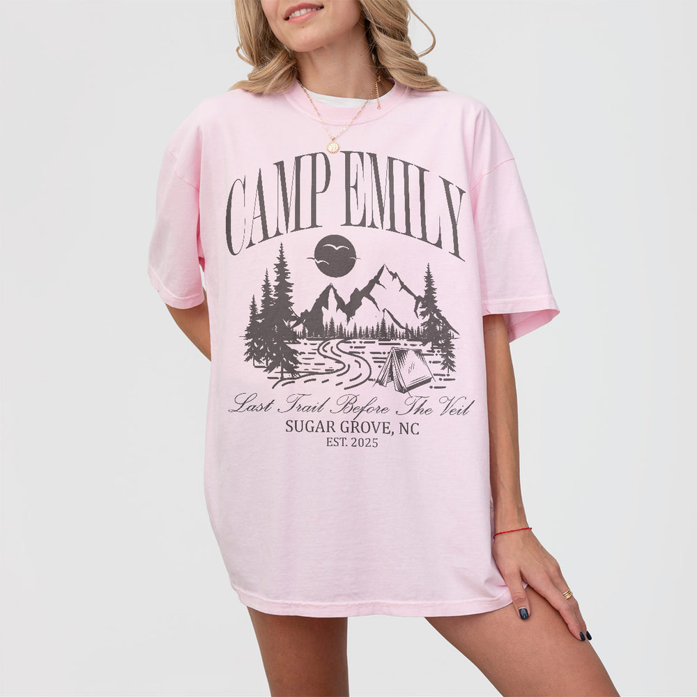Custom Camping Bachelorette Shirt Last Trail Before the Veil Camp Bachelorette Party Shirts Mountain Wedding Camp Bach Bride To Be Gift - Blossom Product Image