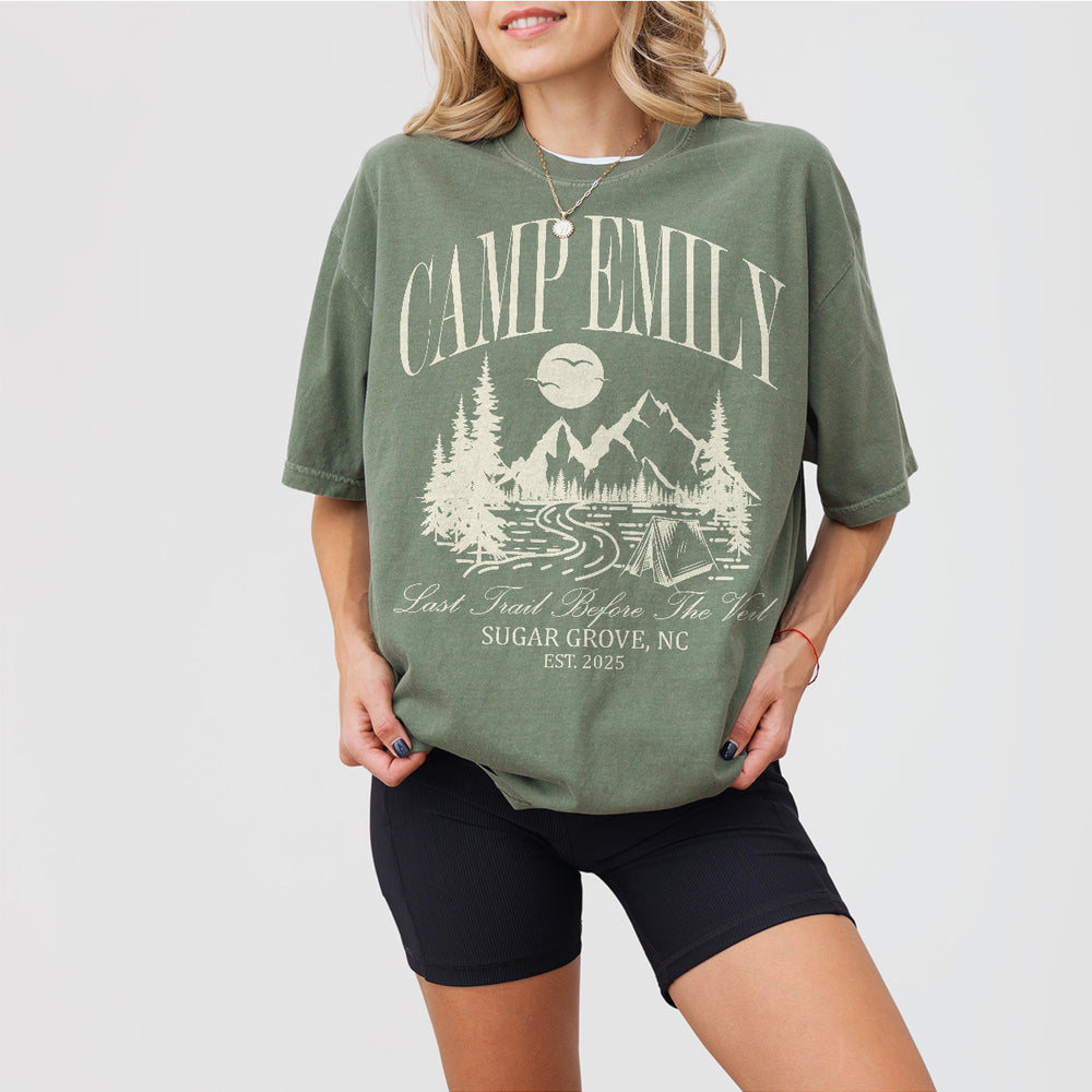 Custom Camping Bachelorette Shirt Last Trail Before the Veil Camp Bachelorette Party Shirts Mountain Wedding Camp Bach Bride To Be Gift - Moss Product Image