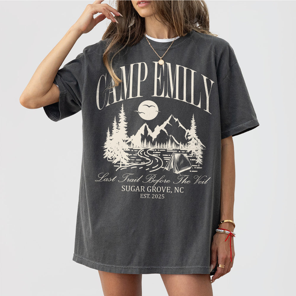 Custom Camping Bachelorette Shirt Last Trail Before the Veil Camp Bachelorette Party Shirts Mountain Wedding Camp Bach Bride To Be Gift - Pepper Product Image