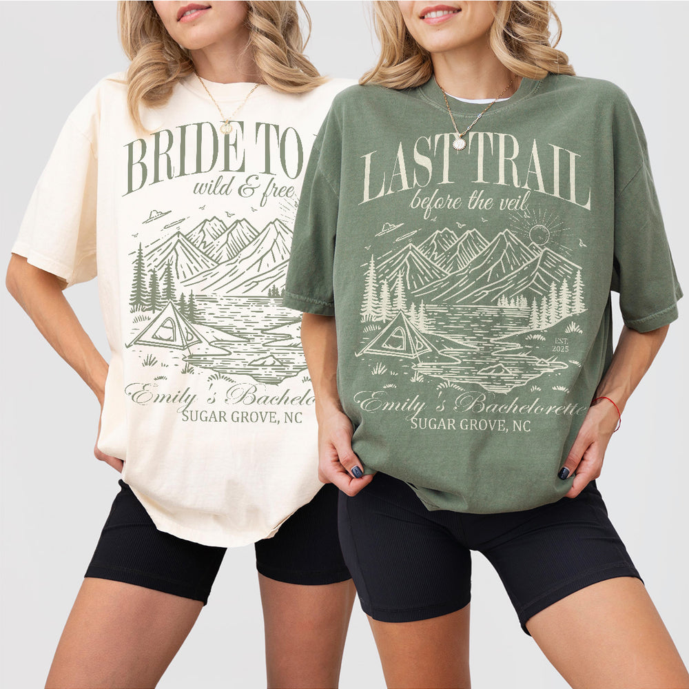 Matching colorful camping shirts for the bride-to-be's wild and free bachelorette party crew to wear during outdoor adventures