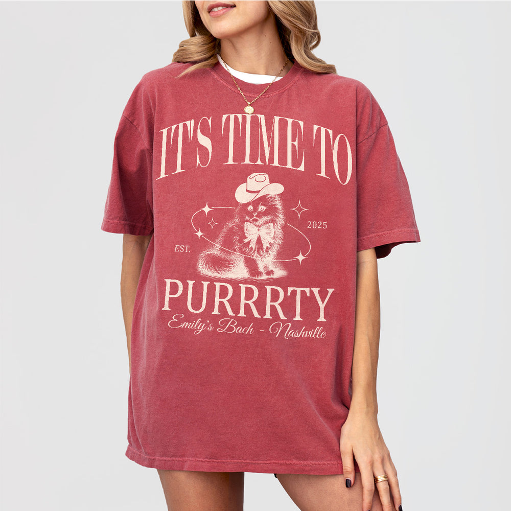 Crimson cotton bachelorette party shirt with a cute cat design reading "Getting Meowied" - perfect for the bride tribe's cat-themed celebration